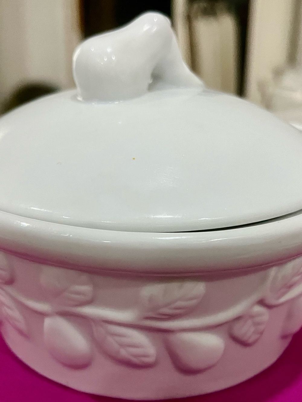 Vintage from 90’s Ceramic Covered Jar with Embossed Fruit Detail - Women Bath &